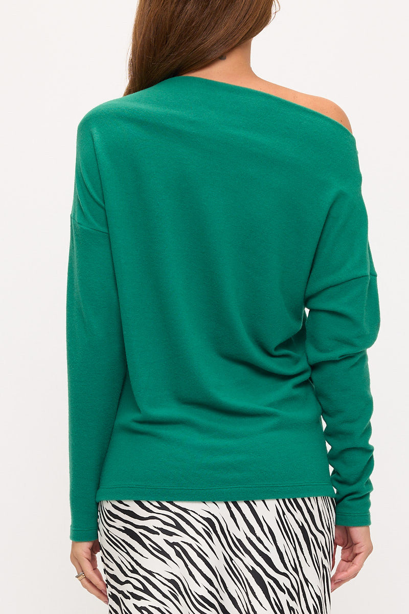 Brushed Knit Boat Neck Off the Shoulder Top