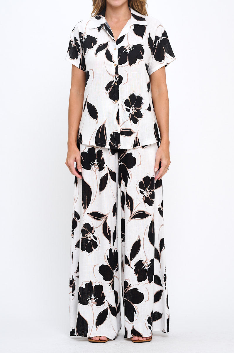 Floral Print V neck Short Sleeve Top with Collar and Buttons