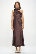 One Shoulder Satin Maxi Dress with Scarf Detail
