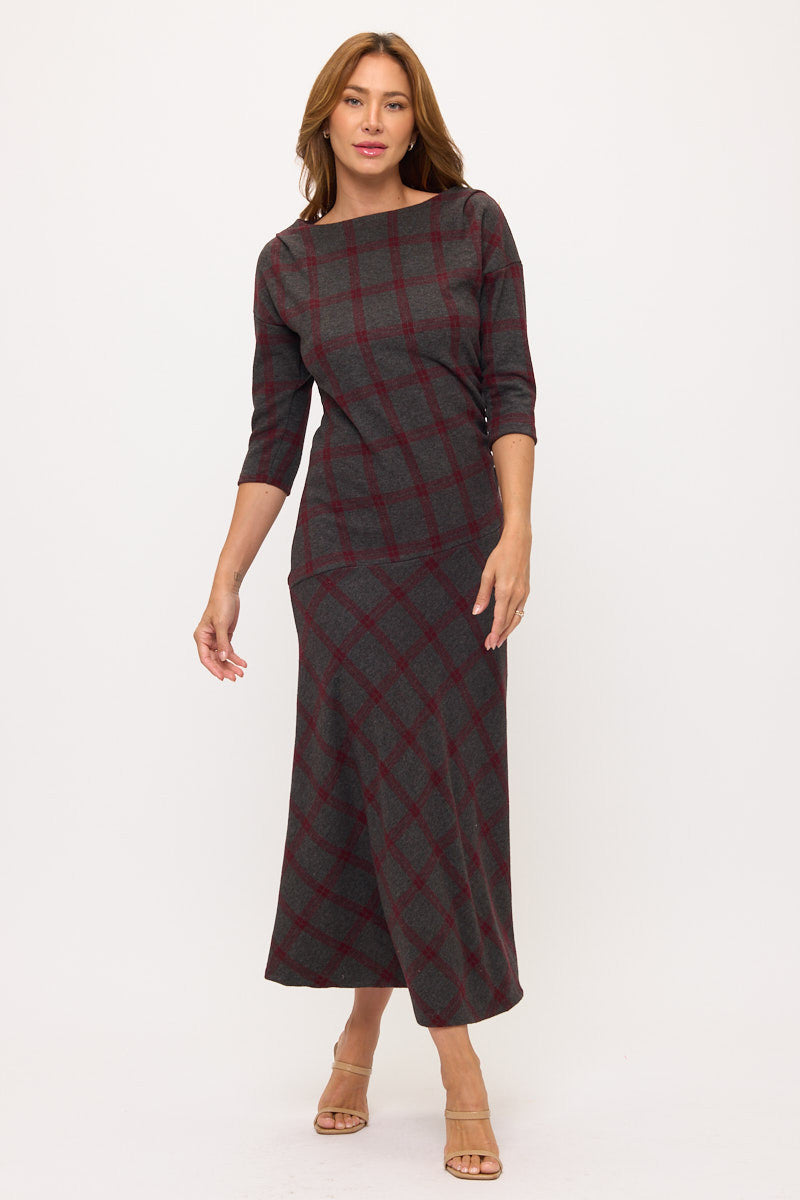 Front view of Boat Neck Plaid Maxi Dress in stylish plaid design by Reneecollection