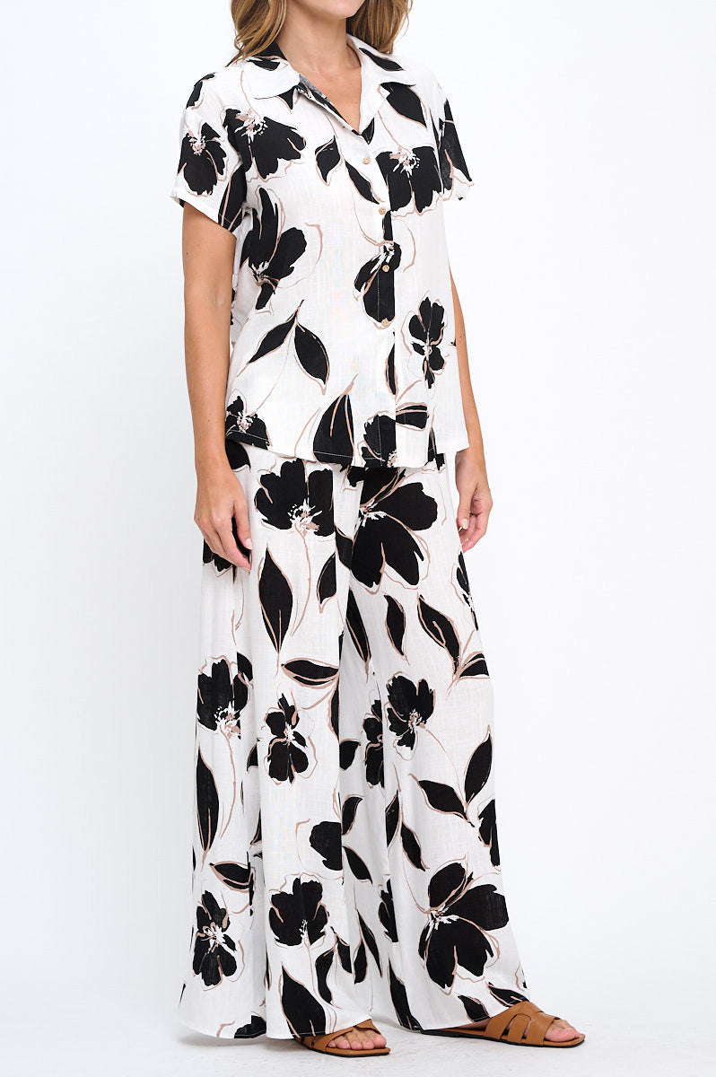 Floral Print V neck Short Sleeve Top with Collar and Buttons