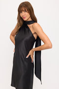 One Shoulder Satin Dress with Scarf