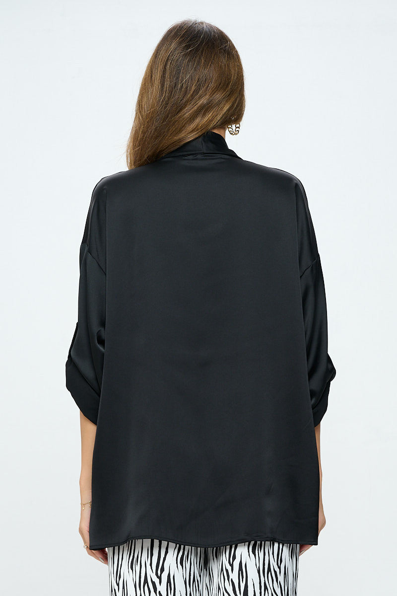 Satin Solid Draped Jacket with Pockets