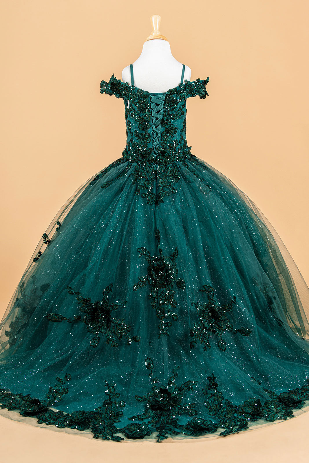 Front view of 3D Flower Applique Cold Shoulder Dress for Kids by Tux-USA