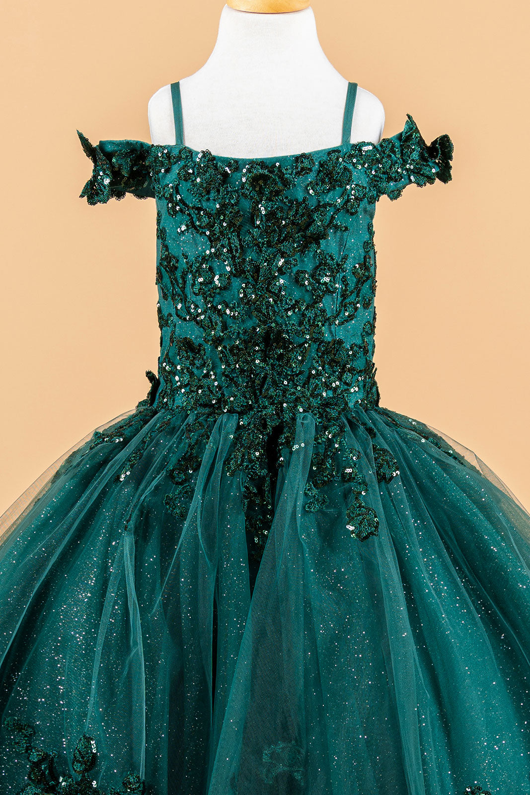 Back view showcasing corset design of 3D Flower Applique Dress for Kids