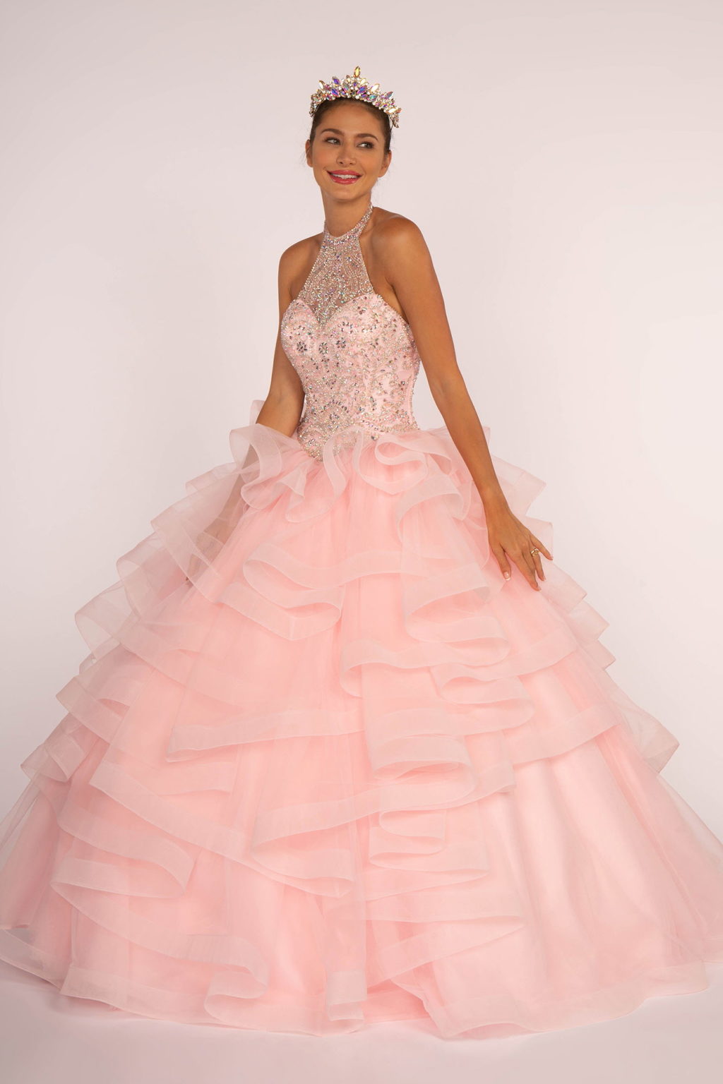 Front view of Fairytale Beaded Halter Neck Quinceanera Ball Gown by Tux-USA