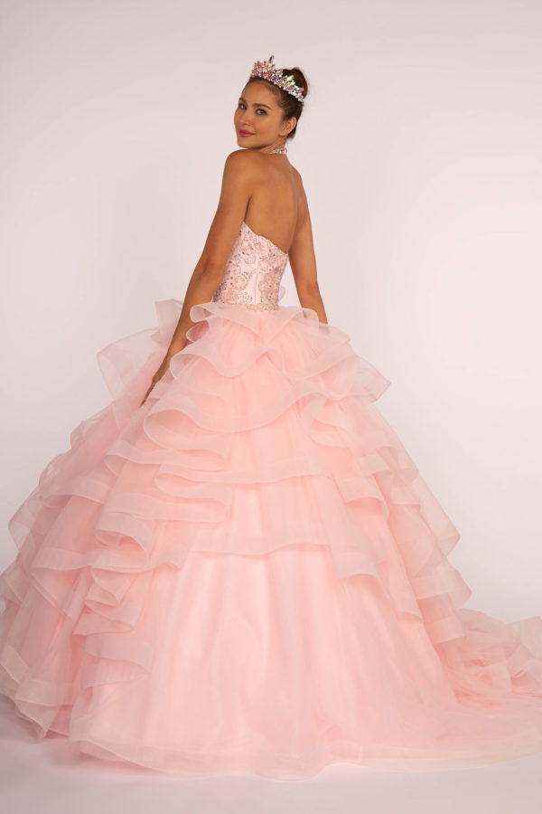 Side view of Fairytale Beaded Halter Neck Quinceanera Ball Gown with ruffled skirt