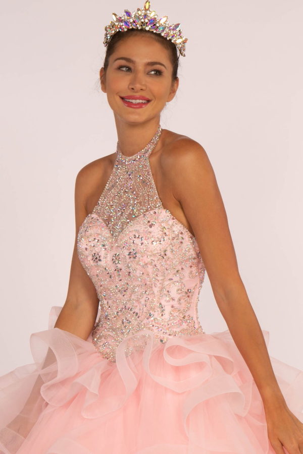 Close-up of the jewel embellished bodice of Fairytale Beaded Halter Neck Gown