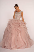 Elegant front view of Beaded Sequin Boat Neck Ball Gown by Tux-USA