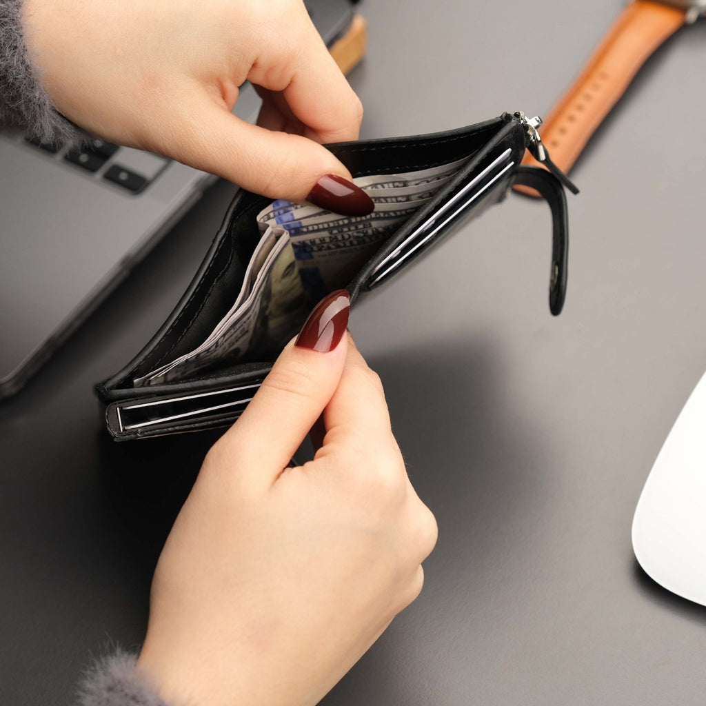 Side angle of Glenrock Black Leather Pop-Up Wallet showcasing design