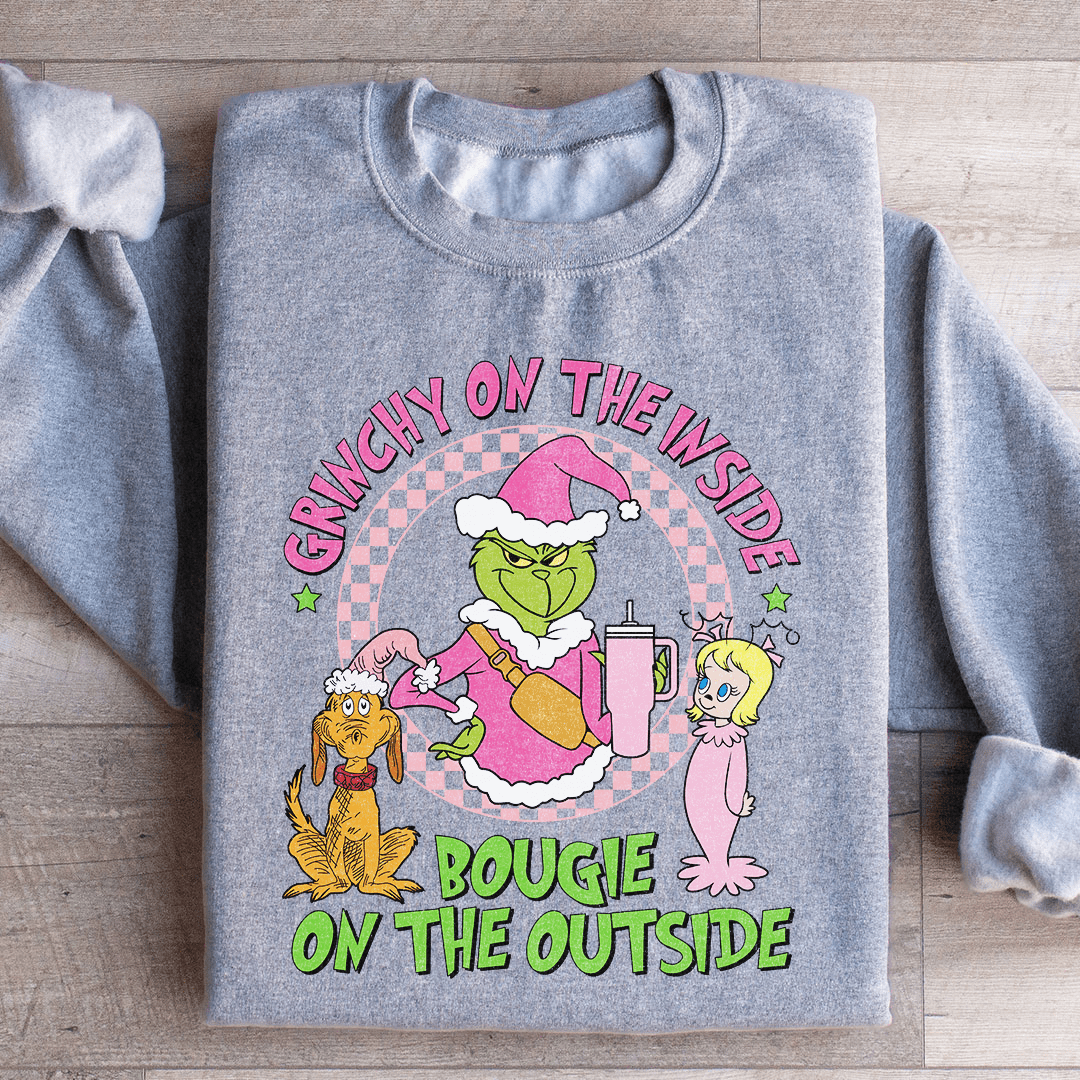 Front view of Grinchy On The Inside hoodie in grey by Merchmallow