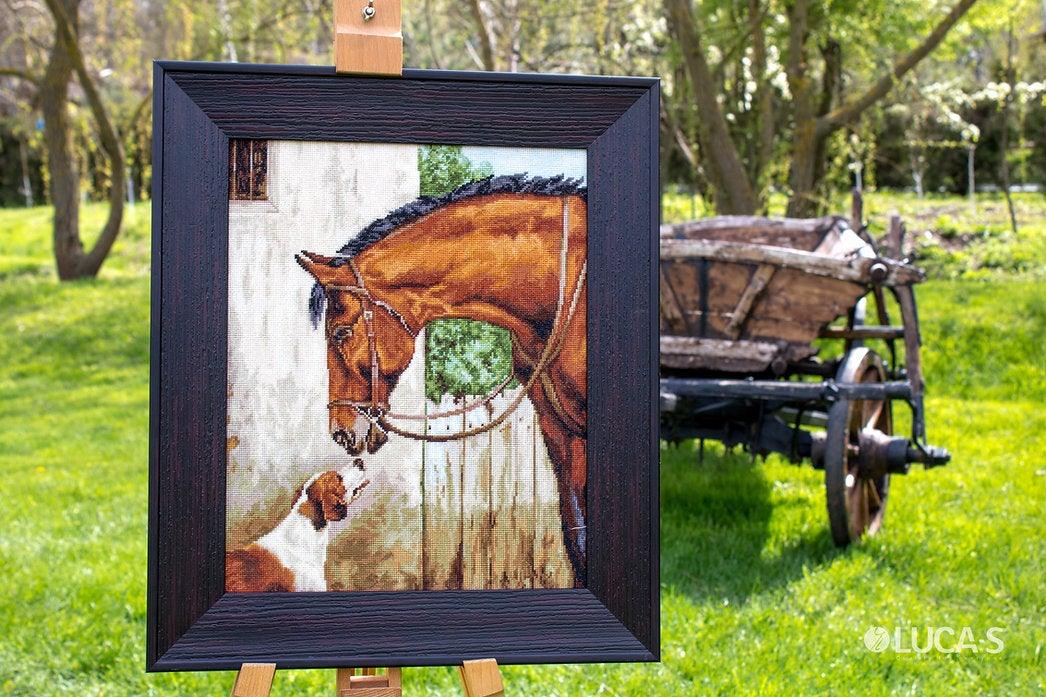 Contents of Hunter and Foxhound Cross-Stitch Kit including threads