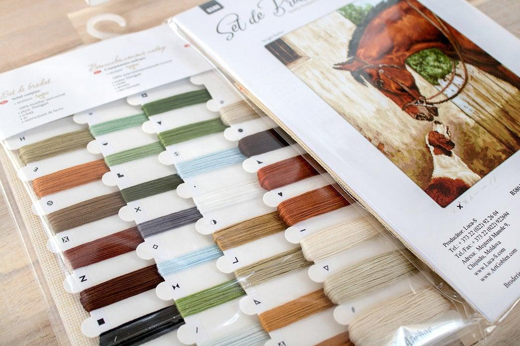 Detailed view of embroidery threads in Hunter and Foxhound Cross-Stitch Kit