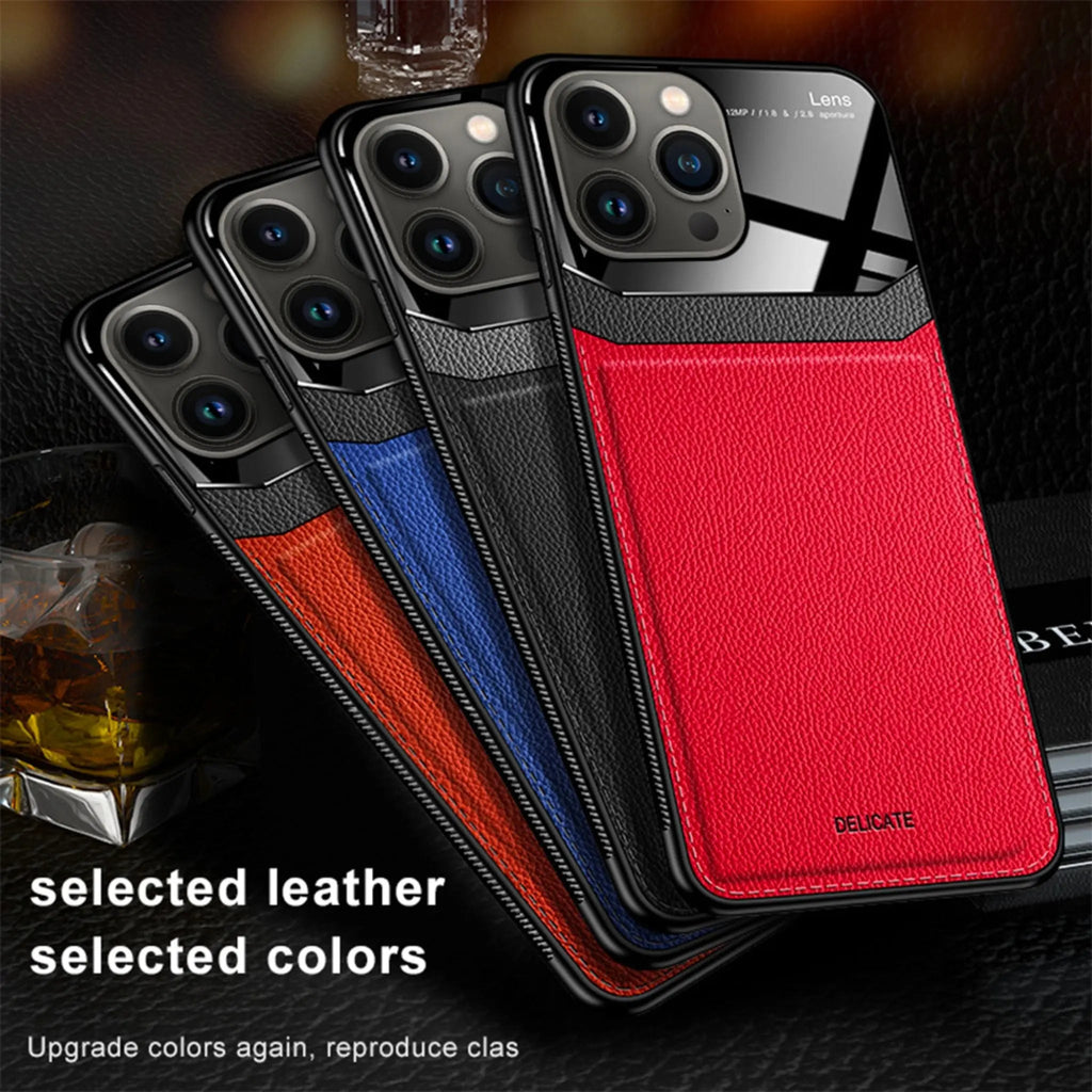 Back of Luxury Leather Texture iPhone 14 Case with plexiglass layer