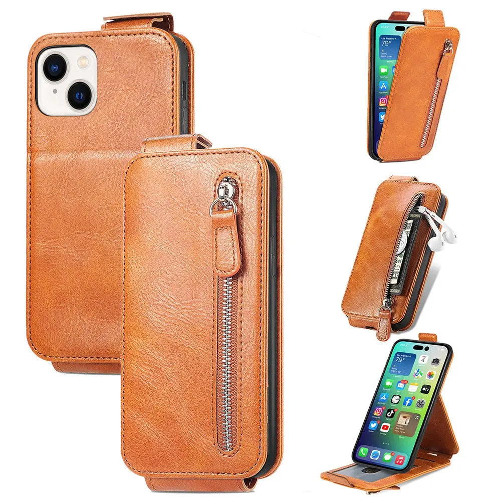 Front view of Luxury Leather Zipper Wallet Case for iPhone 14 by Anacotte
