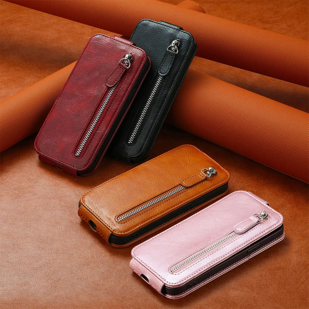 Side profile of Luxury Leather Zipper Wallet Case for iPhone 14 showcasing card slots
