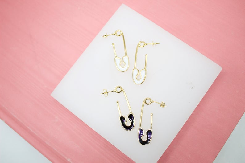 Model wearing Stylish 18K Gold Filled Multicolor Enamel Safety Pin Earrings