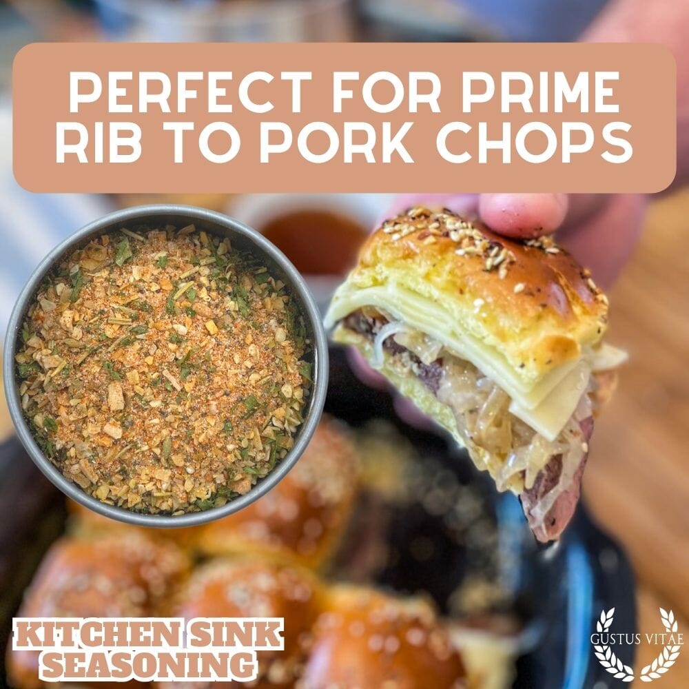 Gustus Vitae Kitchen Sink Seasoning being sprinkled over fresh vegetables