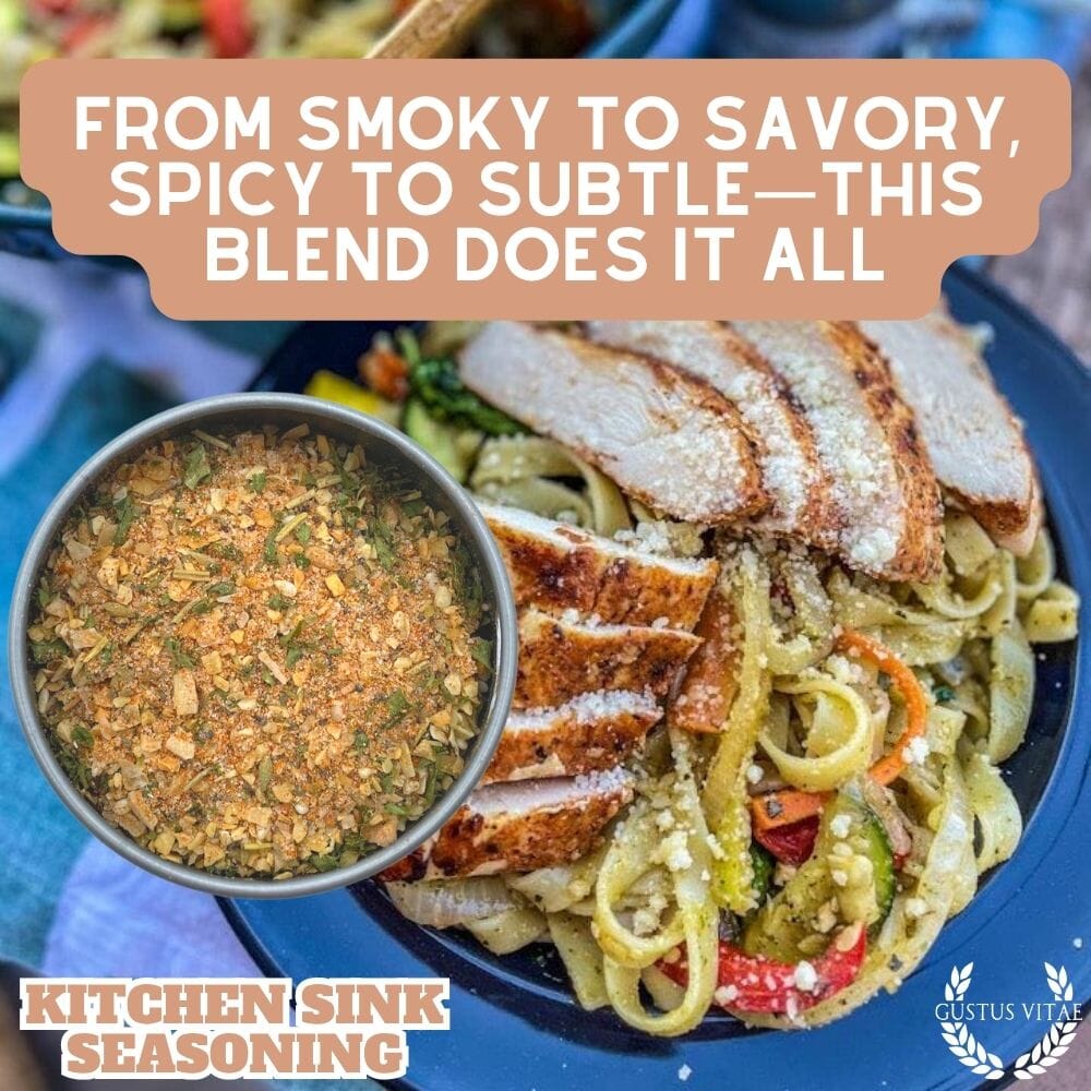 Front view of Gustus Vitae Kitchen Sink Seasoning jar with label