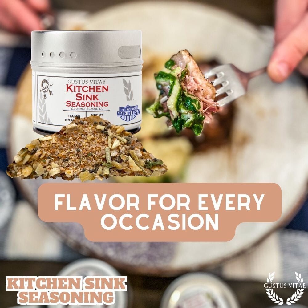 Gustus Vitae Kitchen Sink Seasoning packaging with a rustic kitchen background