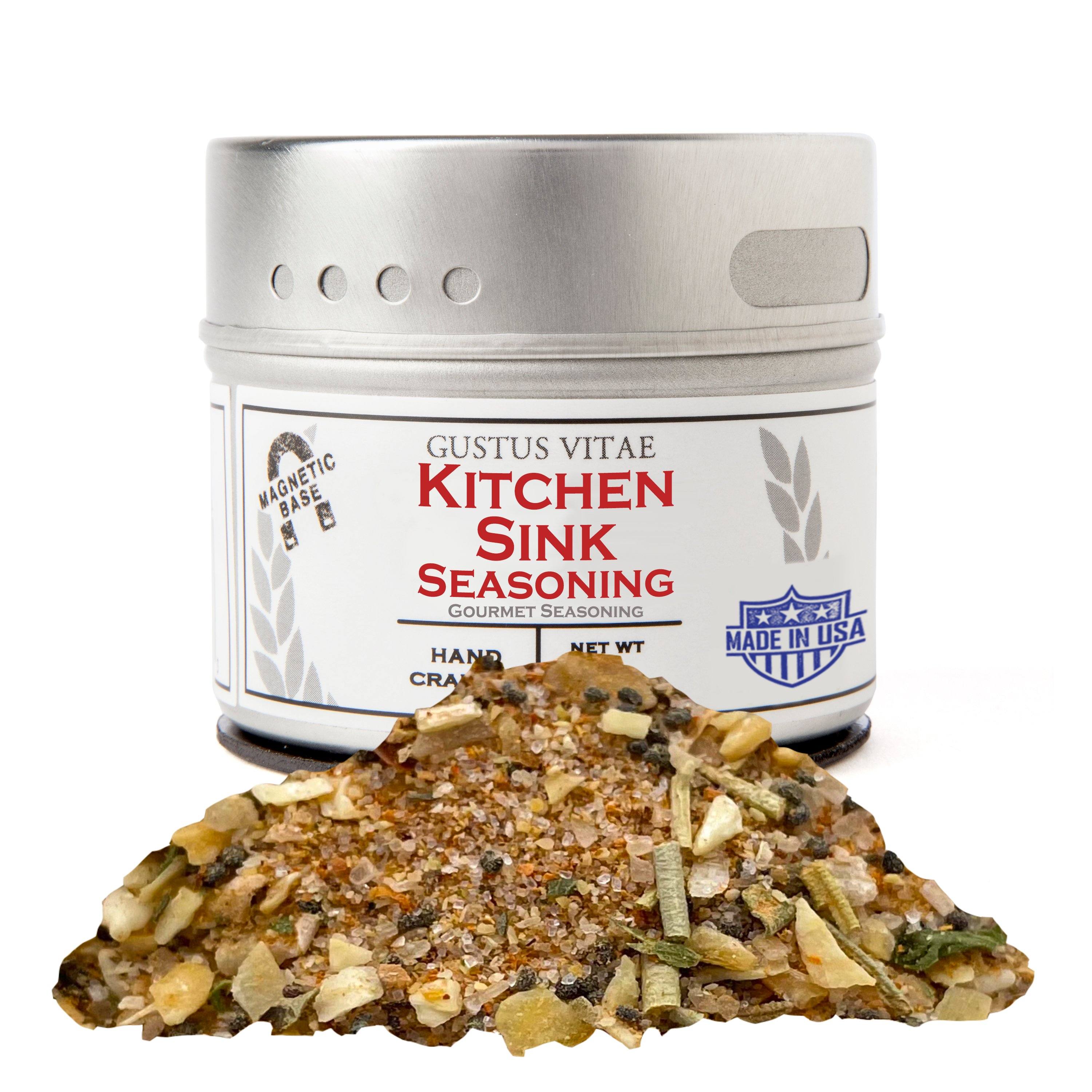 Gustus Vitae Kitchen Sink Seasoning displayed with a variety of dishes