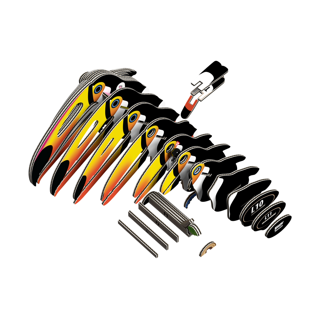 Close-up of EUGY Toucan 3D Puzzle parts ready for assembly