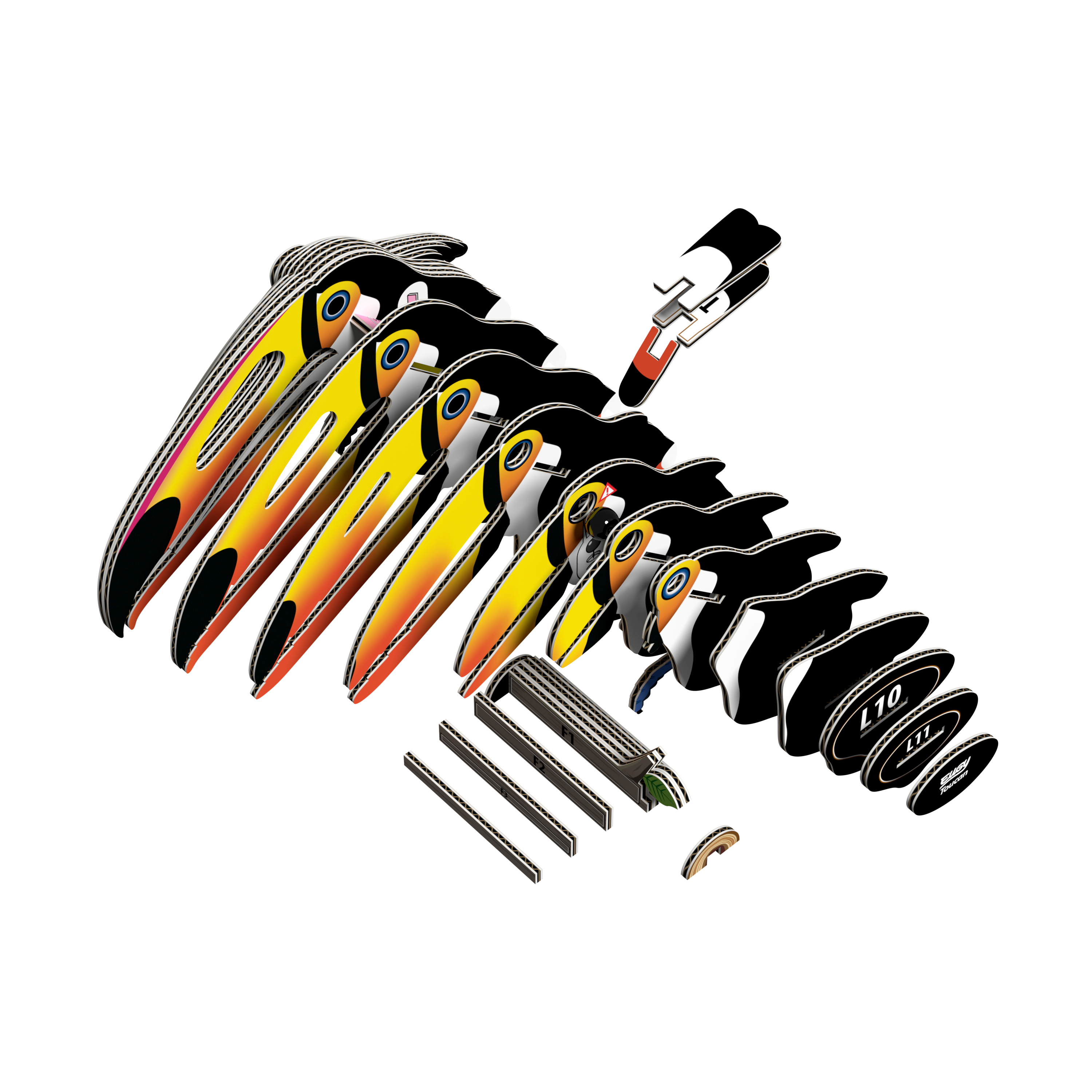 Close-up of EUGY Toucan 3D Puzzle parts ready for assembly