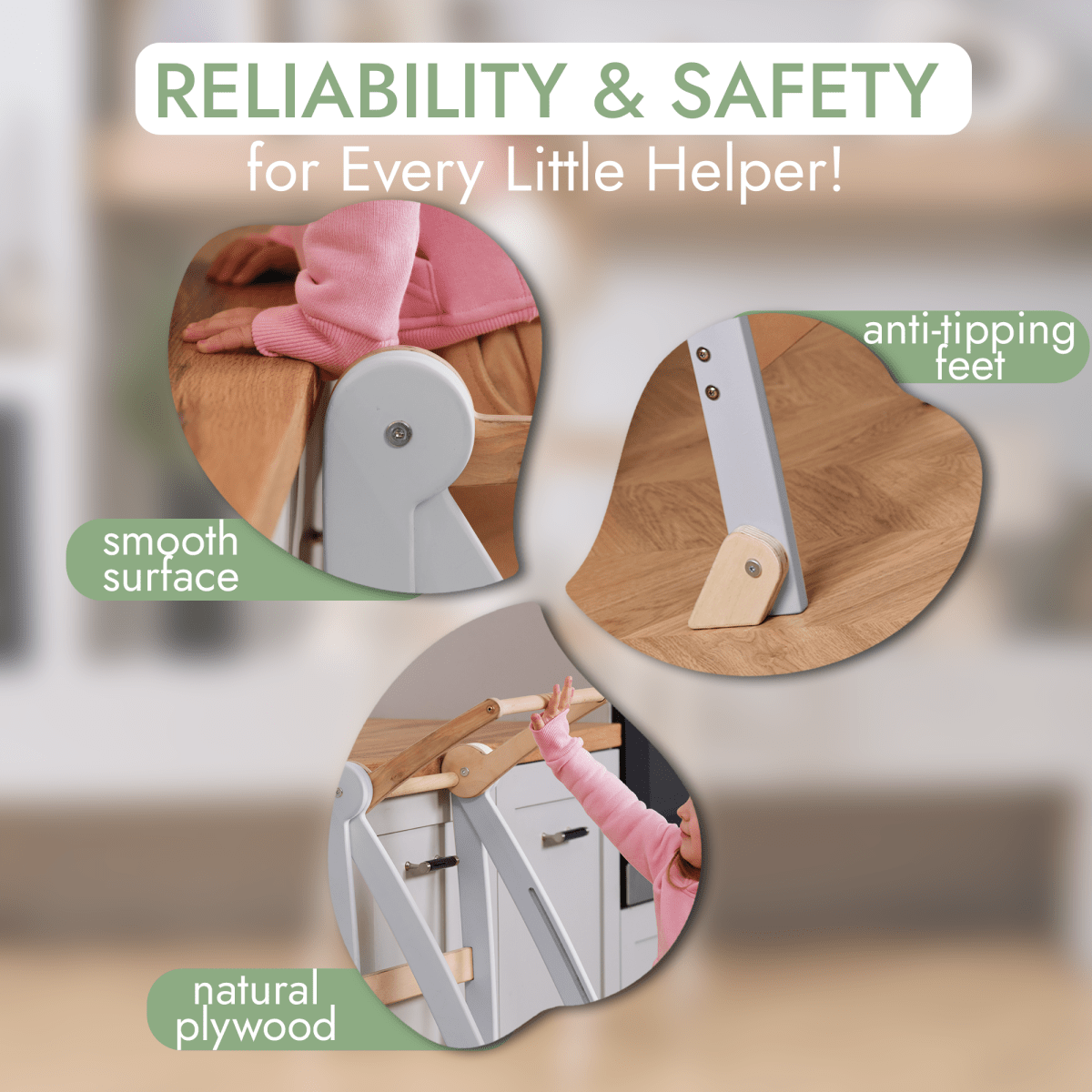 Goodevas gray learning tower with child reaching the counter