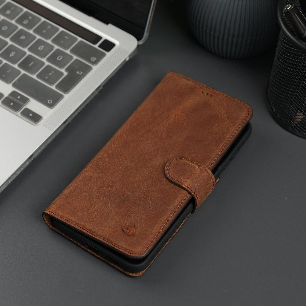 Lifestyle shot of Luxury Buffalo Leather Wallet Case for Samsung Galaxy S25 Plus in an urban setting