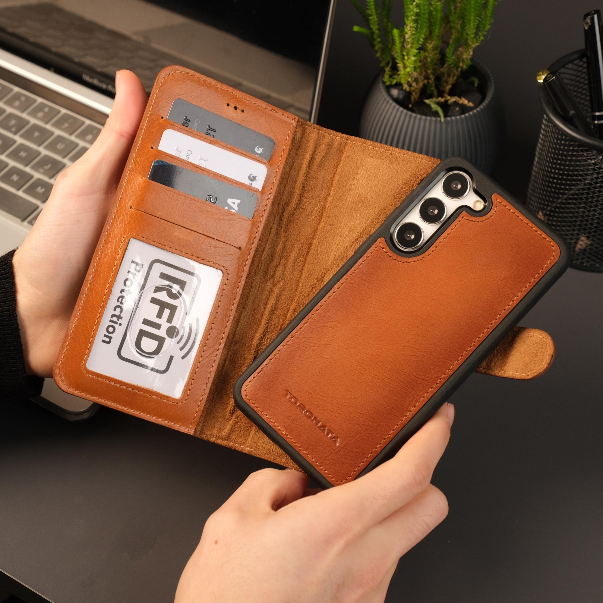 Back view showcasing the sleek design of Luxury Buffalo Leather Wallet Case for Samsung Galaxy S25 Plus