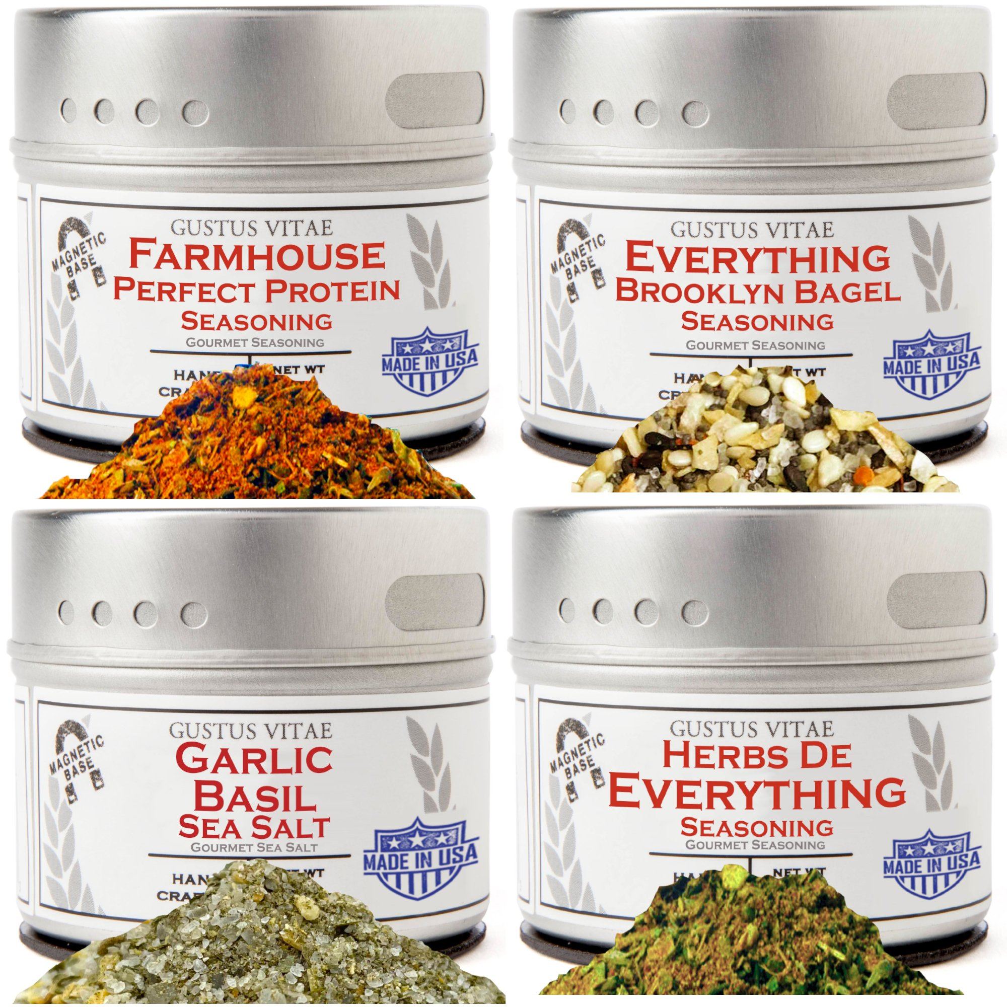 Gustus Vitae seasoning tins displayed on a kitchen shelf for easy access