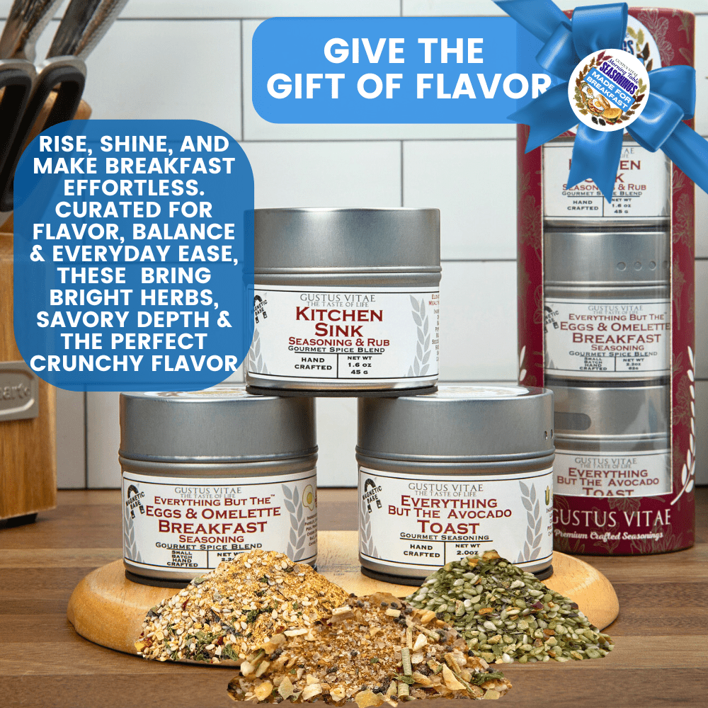 Delicious avocado toast topped with Gustus Vitae seasoning blend