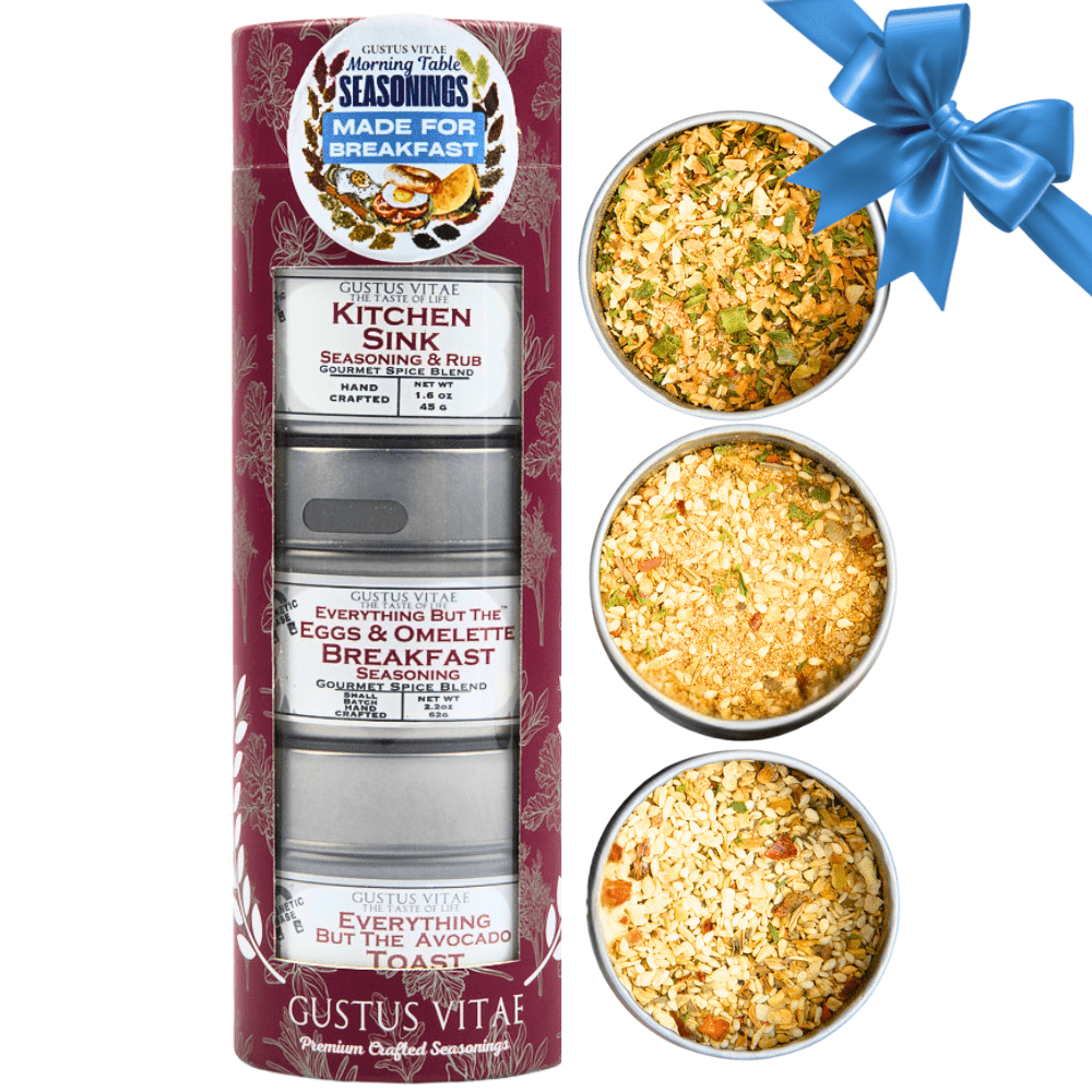 Elegant packaging of Gustus Vitae Gourmet Breakfast Seasoning Set