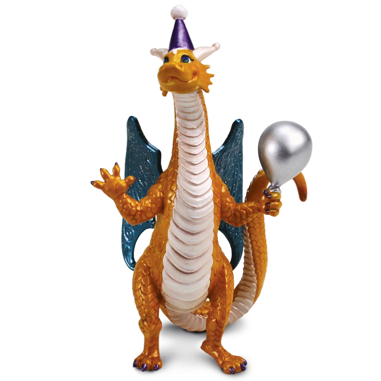 Back view of Colorful Celebration Dragon Figurine with festive hat and balloon