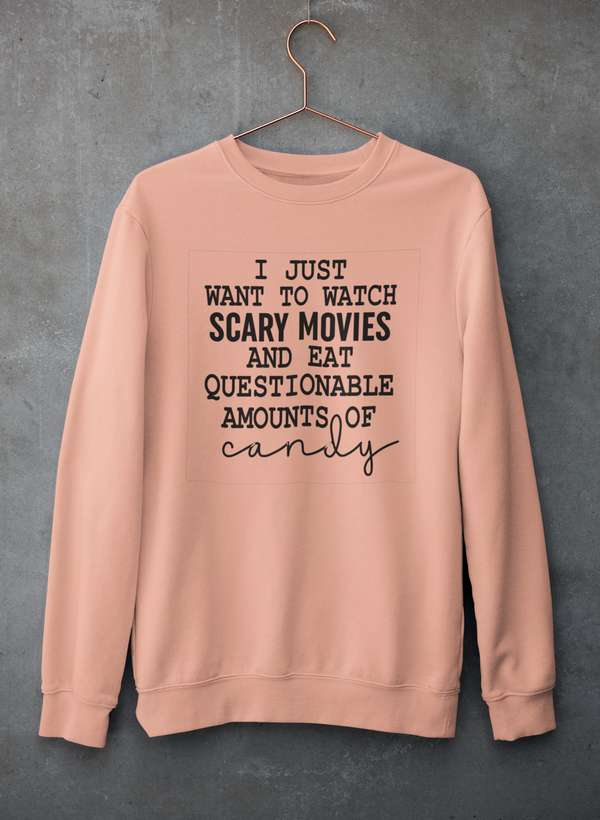 Front view of Cozy Horror Movies & Candy Sweatshirt by Virgo in black