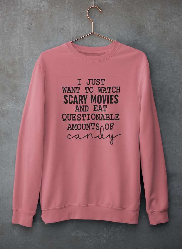 Back view of Cozy Horror Movies & Candy Sweatshirt by Virgo in a cozy setting