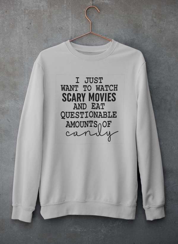 Close-up of Cozy Horror Movies & Candy Sweatshirt fabric by Virgo
