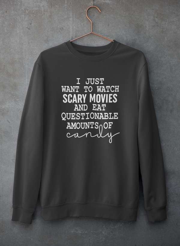 Side view of Cozy Horror Movies & Candy Sweatshirt by Virgo showcasing design
