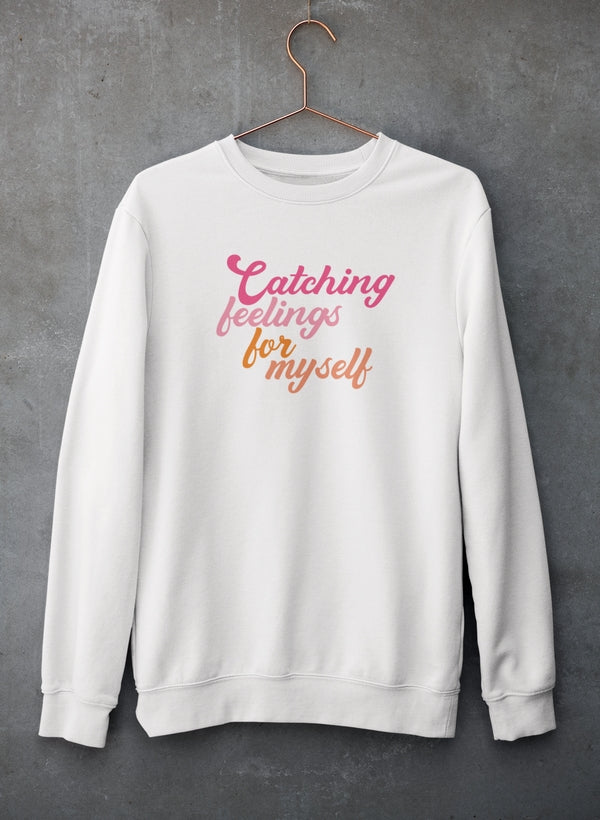 Model wearing Catching Feelings Sweat Shirt in casual outdoor setting by Virgo