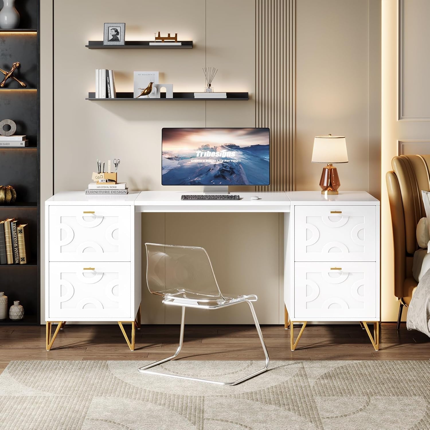 Modern 59 Inch White Executive Computer Desk with Drawers
