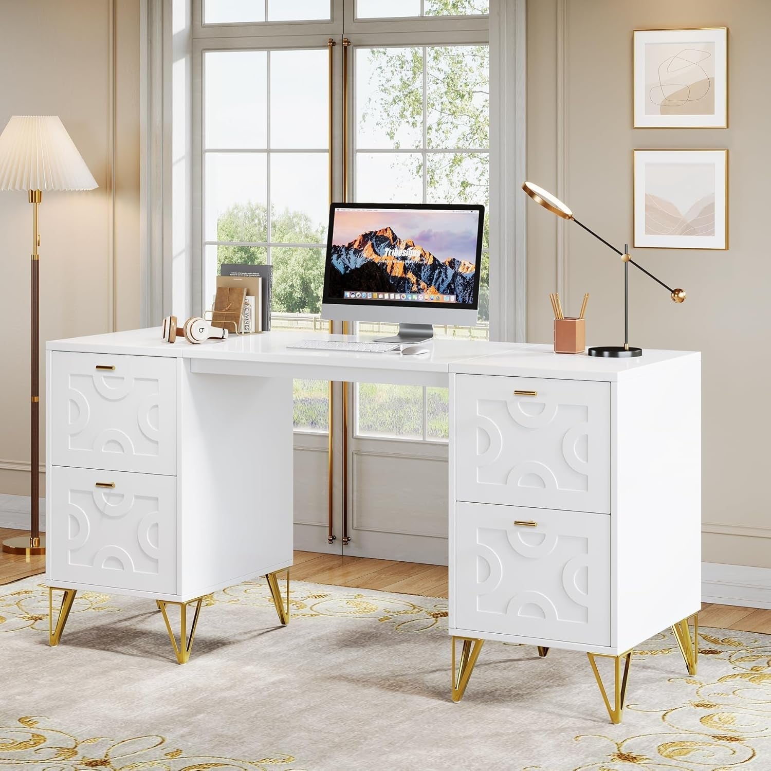 Modern 59 Inch White Executive Computer Desk with Drawers