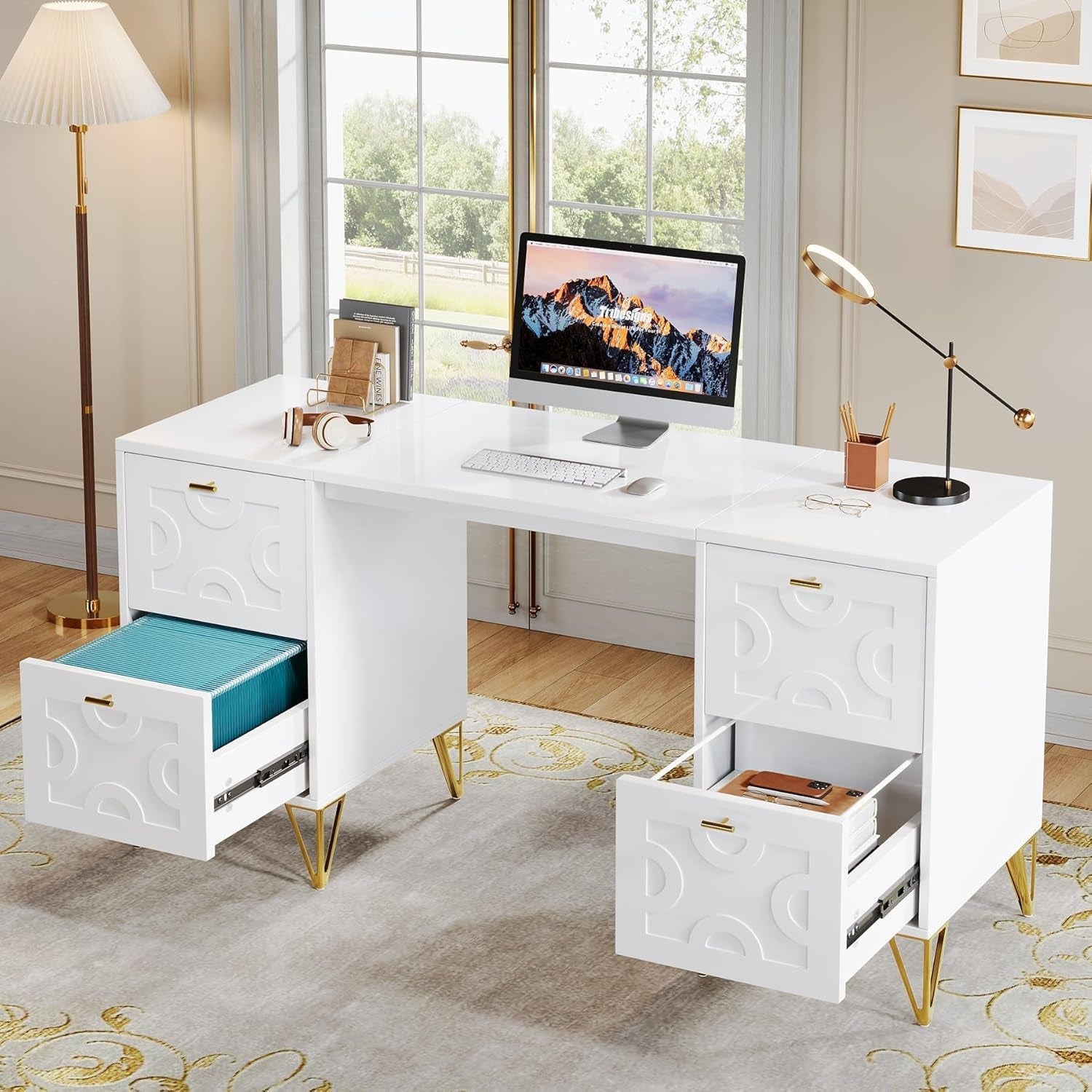 Modern 59 Inch White Executive Computer Desk with Drawers