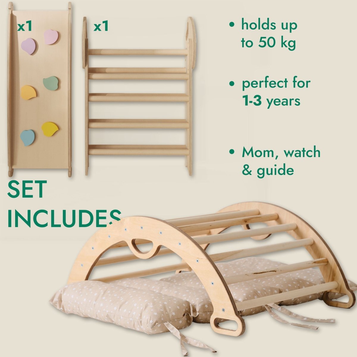 Full view of all components in Goodevas 4-in-1 Montessori Climbing Set