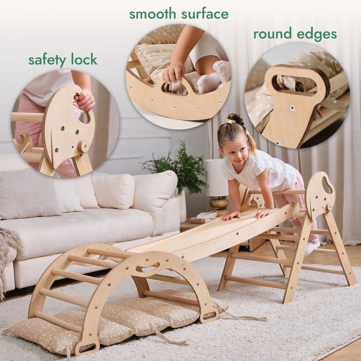 Front view of 4-in-1 Montessori Climbing Set in wood by Goodevas