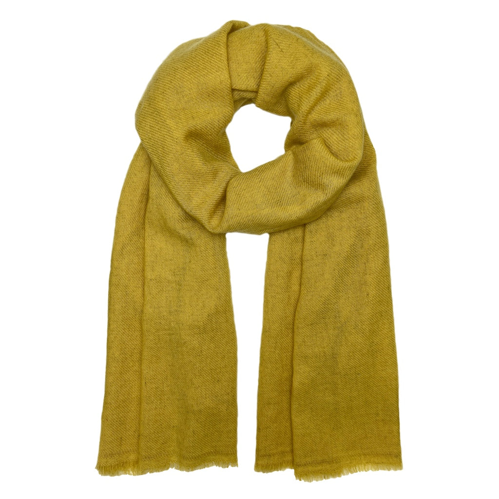 Mustard Handloom Cashmere Scarf elegantly draped on a model