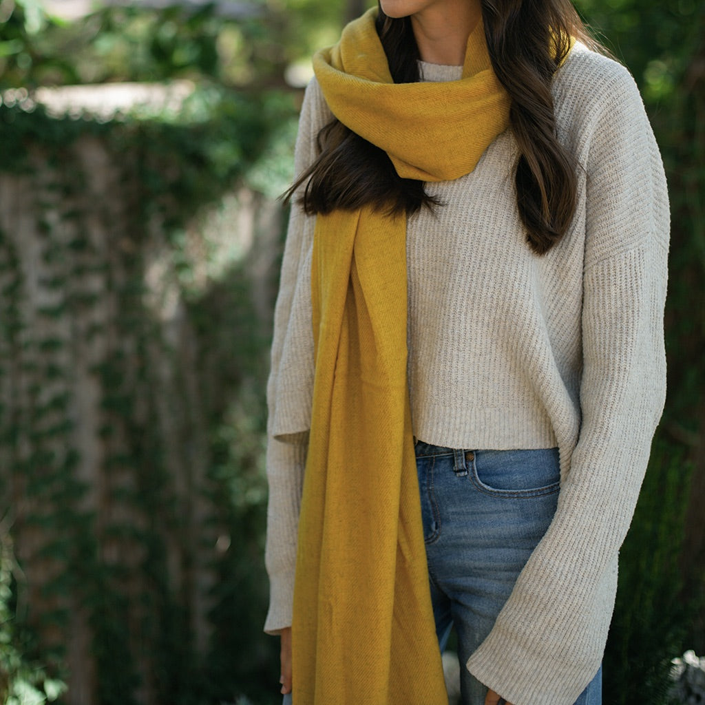 Close-up of the luxurious texture of Mustard Handloom Cashmere Scarf