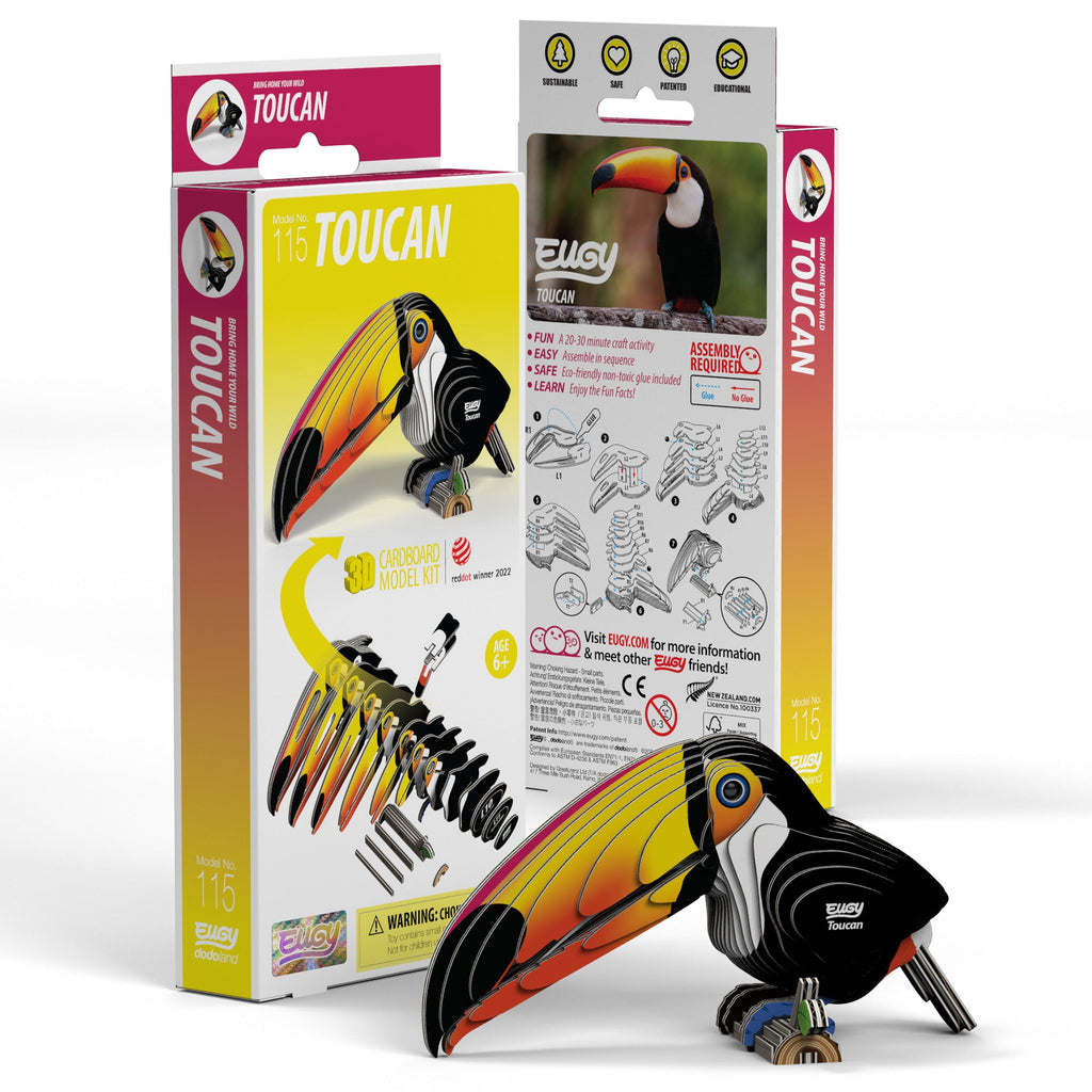Assembled EUGY Toucan 3D Puzzle on a colorful background