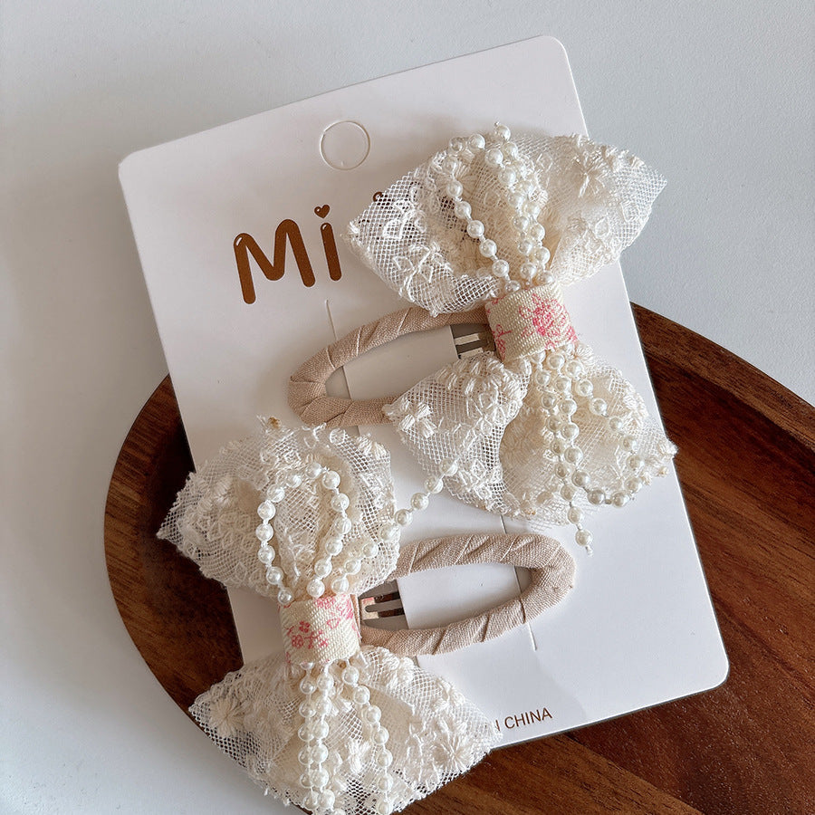 Collection of 2 Versatile Cute Lace Embroidered Pattern Hair Clips and Hair Ties