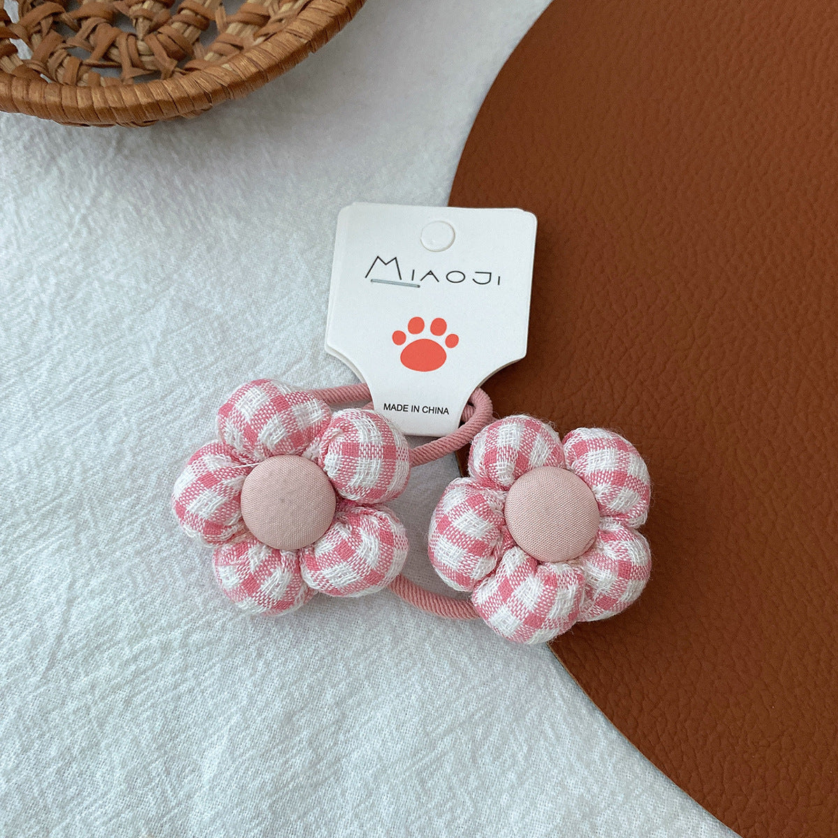 Girls Fabric Checkered 3D Flower Candy-Colored Hair Elastic Accessories