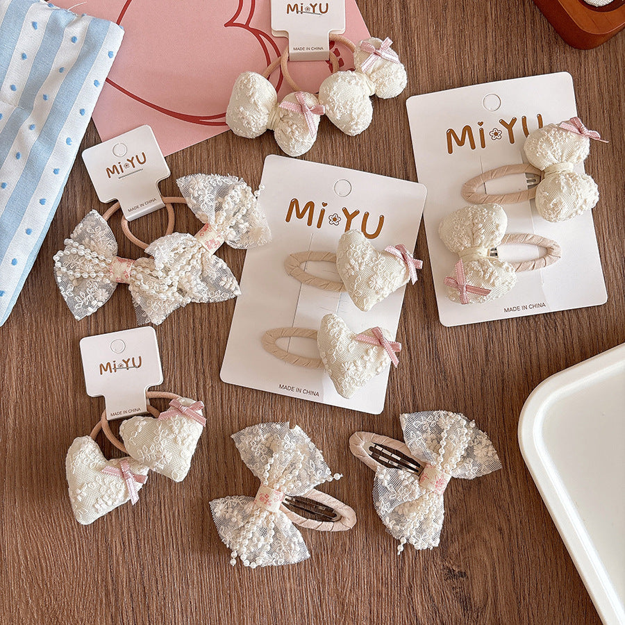 Collection of 2 Versatile Cute Lace Embroidered Pattern Hair Clips and Hair Ties